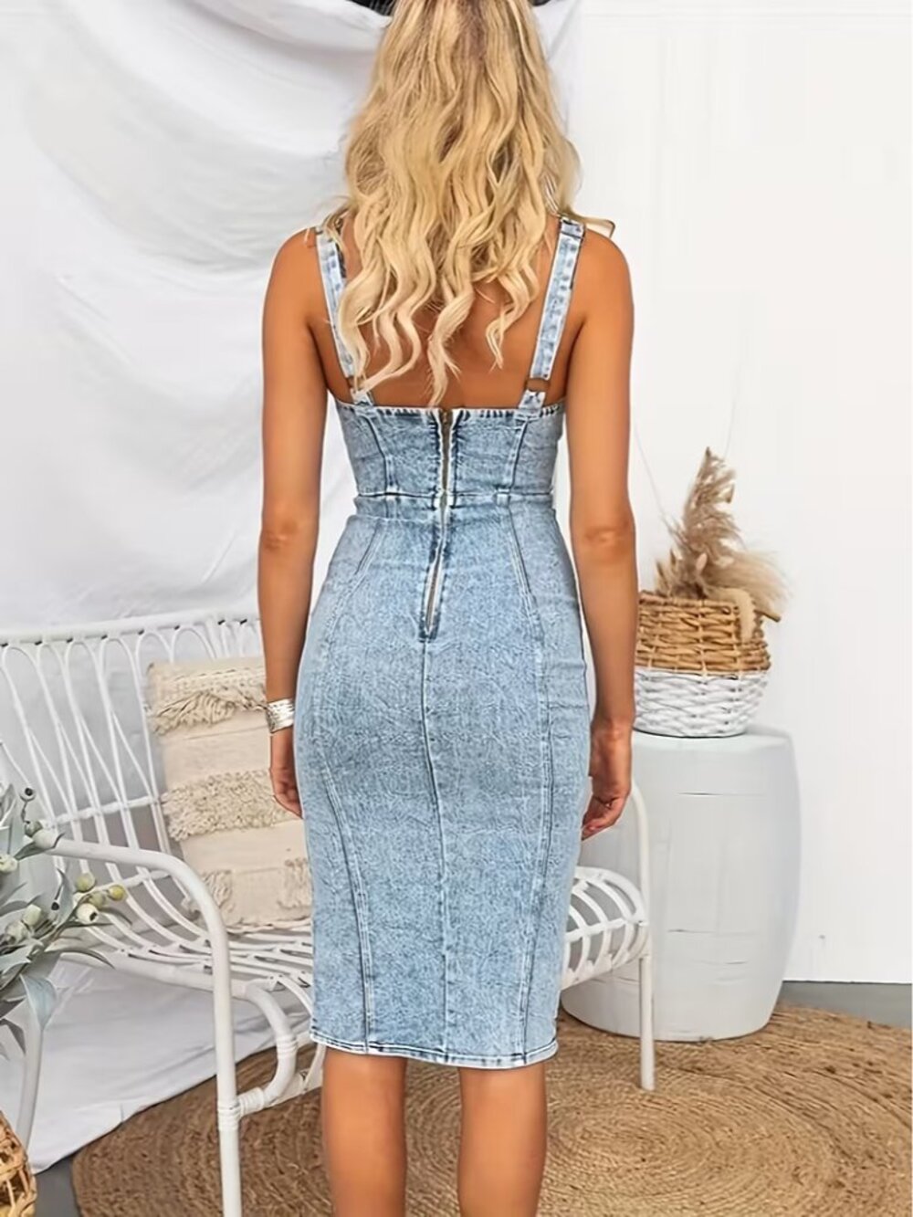jean stretch denim bodycon zipper sleeveless u neck tank dress - Picture 2 of 6